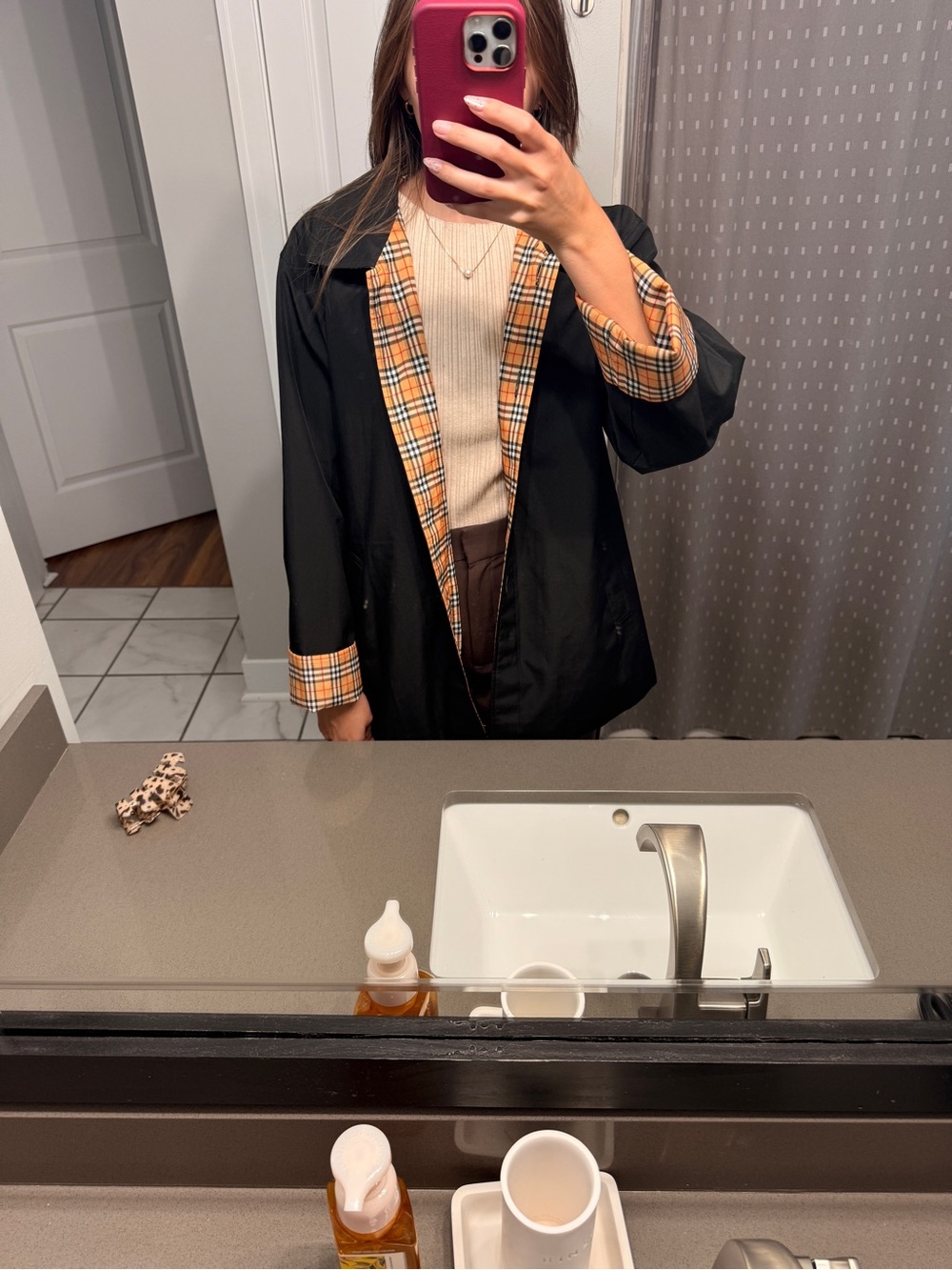 Black Trench Coat with Orange Plaid Trim - Women's Jacket